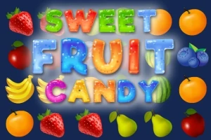 Renkli meyve ve şekerlemelerle çevrelenmiş Sweet Fruit Candy yazısı