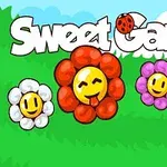 Beyaz, kırmızı, mor ve mavi renkli gülen çiçeklerin ve üzerinde uğur böceği olan Sweet Garden yazısının yer aldığı çizgi film tarzı bir görüntü