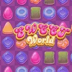 Renkli şekerler ve Sweet World yazılı bir tasarım
