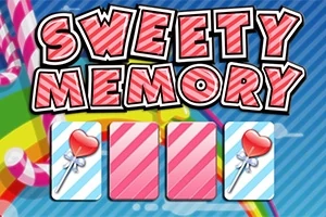 Renkli çizgili ve kalp şekilli lolipop resimleri olan kartların üstünde SWEETY MEMORY yazısı bulunan grafik