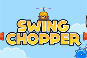 Mavi bir arka plan üzerinde büyük sarı harflerle SWING CHOPPER yazısı ve üstünde pervaneli şapka takan bir karakter