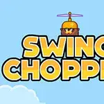 Mavi bir arka plan üzerinde büyük sarı harflerle SWING CHOPPER yazısı ve üstünde pervaneli şapka takan bir karakter