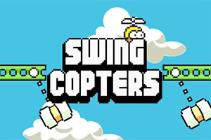 Gökyüzünde bulutların arasında SWING COPTERS yazısı, yeşil platformlar ve sallanan engellerle birlikte pervaneli bir karakter