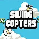 Gökyüzünde bulutların arasında SWING COPTERS yazısı, yeşil platformlar ve sallanan engellerle birlikte pervaneli bir karakter