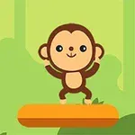 Kahverengi sevimli bir maymunun turuncu bir platform üzerinde durduğu, arka planda yeşil tonlarda bir ormanın bulunduğu çizim