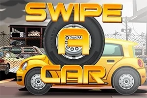 Sarı bir arabayla birlikte büyük, lastik içindeki altın renkli harflerle yazılmış Swipe A Car metni