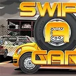 Sarı bir arabayla birlikte büyük, lastik içindeki altın renkli harflerle yazılmış Swipe A Car metni