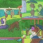Yeşil bir park alanında şemsiye tutan insan siluetleri, köpek figürü ve ağaçlar