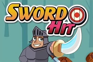 Zırh giymiş bir şövalye, elinde kılıç tutarken gülümsüyor; arka planda Sword Hit yazısı ve hedef tahtası görüntüsü var