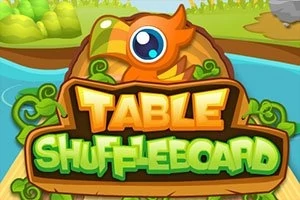Renkli ve animasyonlu bir ördek figürü, Table Shuffleboard yazılı tahta üzerine yerleştirilmiş, nehir ve ağaçlarla çevrili bir arka planda