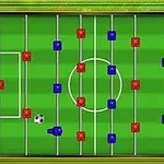 Yeşil bir sahada kırmızı ve mavi bloklar ile bir futbol topunun bulunduğu masa futbolu benzeri bir düzen