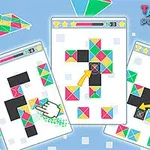 Renkli geometrik şekillerin yerleştirildiği üç farklı bulmaca ekranı, birinde ok işareti ve birinde el simgesi bulunuyor