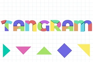 Renkli tangram parçaları ve TANGRAM yazısı