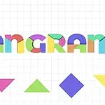 Renkli tangram parçaları ve TANGRAM yazısı