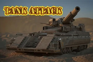 Kumlu bir arazi üzerinde büyük bir tank ve üst kısmında Tank Attack yazısı