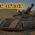 Kumlu bir arazi üzerinde büyük bir tank ve üst kısmında Tank Attack yazısı