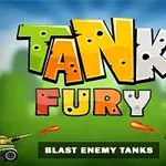 Renkli Tank Fury yazısının önünde, yeşil orman arka planı ve iki karikatür tank görseli