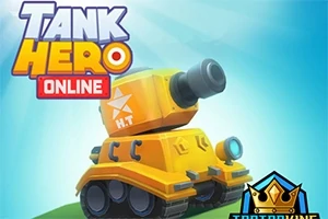 Çizgi film tarzında, parlak sarı bir tank, ışınlı arka plan üzerinde ve üzerinde Tank Hero Online yazısı
