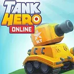 Çizgi film tarzında, parlak sarı bir tank, ışınlı arka plan üzerinde ve üzerinde Tank Hero Online yazısı