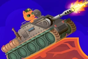 Kedi şapkalı bir asker gibi tankın içinde oturuyor, tank bir yokuşta ilerlerken namlusundan ateş ediyor