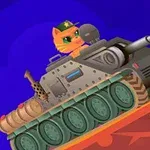 Kedi şapkalı bir asker gibi tankın içinde oturuyor, tank bir yokuşta ilerlerken namlusundan ateş ediyor