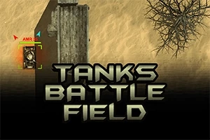 Kumlu bir zemin üzerinde tank, köşe başında konumlandırılmış, yanında bir ağaç dalı ve büyük harflerle TANKS BATTLE FIELD yazısı görülüyor