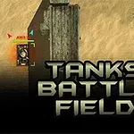 Kumlu bir zemin üzerinde tank, köşe başında konumlandırılmış, yanında bir ağaç dalı ve büyük harflerle TANKS BATTLE FIELD yazısı görülüyor
