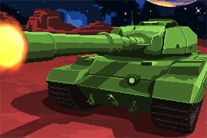 Yeşil bir tank kırmızı bir zeminde uzay manzarasıyla arka planda ateş ederken