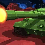 Yeşil bir tank kırmızı bir zeminde uzay manzarasıyla arka planda ateş ederken