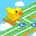 Sarı renkli, blok şeklinde bir kuşun ızgara desenli bir platformda ilerlediği ve üzerinde TAP AND GO yazısının bulunduğu bir görüntü
