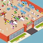 Bir marketin içini gösteren, raflarda meyve, sebze ve çeşitli ürünlerin bulunduğu, kasalar ve alışveriş yapan kişilerin olduğu izometrik çizim