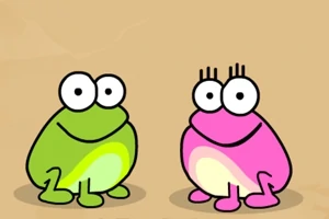 Yeşil ve pembe iki karikatür kurbağa, açık kahverengi bir arka planda yan yana duruyor