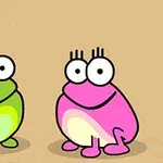 Yeşil ve pembe iki karikatür kurbağa, açık kahverengi bir arka planda yan yana duruyor