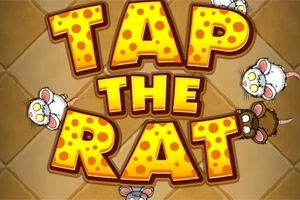 Büyük sarı harflerle TAP THE RAT yazısı, etrafında çeşitli fare figürleriyle birlikte