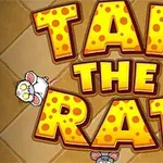 Büyük sarı harflerle TAP THE RAT yazısı, etrafında çeşitli fare figürleriyle birlikte