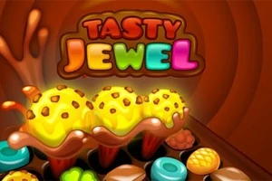 Sarı dondurma topları ve çeşitli renkli şekerler ile Tasty Jewel yazısı