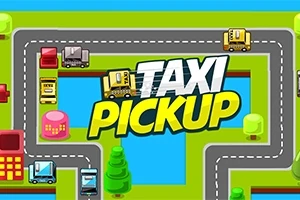 Renkli bir şehir teması içinde yollar ve arabalar ile ortasında Taxi Pickup yazısı