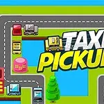 Renkli bir şehir teması içinde yollar ve arabalar ile ortasında Taxi Pickup yazısı