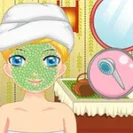 Yüzünde yeşil bir maske ve başında beyaz bir havlu olan animasyon karakter, arka planda bir yatak odası ve makyaj malzemeleriyle birlikte