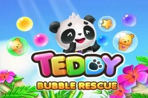Sevimli bir panda, renkli balonlar ve çiçeklerle çevrili TEDOY BUBBLE RESCUE yazısı