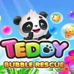 Sevimli bir panda, renkli balonlar ve çiçeklerle çevrili TEDOY BUBBLE RESCUE yazısı