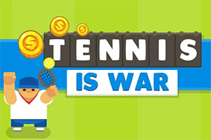 Tenis raketi tutan bir karakter ve etrafında altın para simgeleri olan, “Tennis is War” yazılı renkli bir afiş