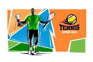 Yeşil tişörtlü bir kişi, bir elinde tenis raketi ve diğer elinde kupa tutuyor; arka planda modern grafik desenlerinin yanında Tennis Open 2021 yazısı bulunuyor