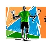 Yeşil tişörtlü bir kişi, bir elinde tenis raketi ve diğer elinde kupa tutuyor; arka planda modern grafik desenlerinin yanında Tennis Open 2021 yazısı bulunuyor