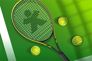Yeşil arka plan üzerinde bir tenis raketi ve üç tenis topu