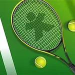 Yeşil arka plan üzerinde bir tenis raketi ve üç tenis topu