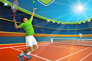 Yeşil tişörtlü bir tenis oyuncusu, bir tenis kortunda servise hazırlanırken, arka planda başka bir oyuncu görülüyor