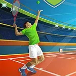 Yeşil tişörtlü bir tenis oyuncusu, bir tenis kortunda servise hazırlanırken, arka planda başka bir oyuncu görülüyor