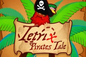 Korsan şapkası giymiş papağan figürü ve palmiye yaprakları önünde parşömen üzerine yazılmış Tetrix Pirates Tale metni