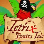 Korsan şapkası giymiş papağan figürü ve palmiye yaprakları önünde parşömen üzerine yazılmış Tetrix Pirates Tale metni